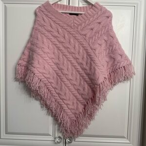 FRANGI Girl’s Small/Medium Fit Pink V-Neck Cable Knit Poncho with Fringe